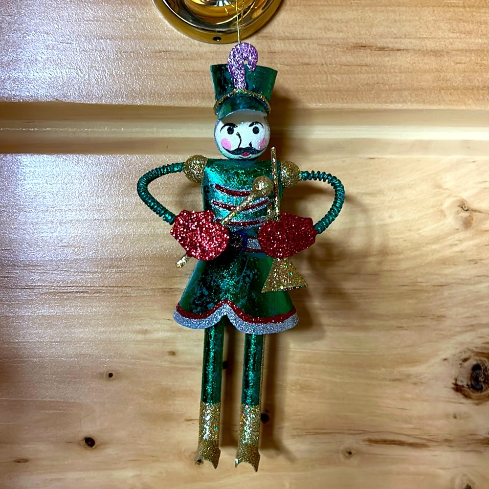 Vintage Tin Green Glittered Soldier Christmas Ornament w/ Musical Instruments